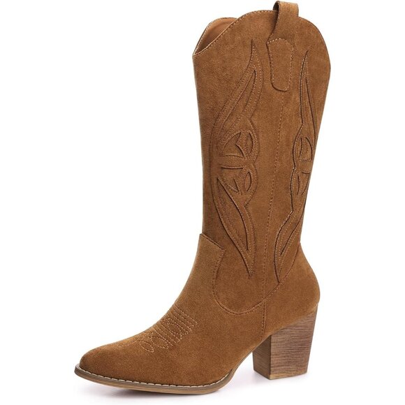 Women 1828-camel Suede leather Embroidered Country Heel Pointed Toe Booties - Picture 1 of 6